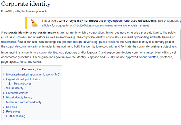 Corporate Identity keywords wikipedia page